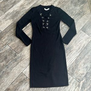 No Boundaries Black Ribbed Lace-Up Long Sleeve Dress